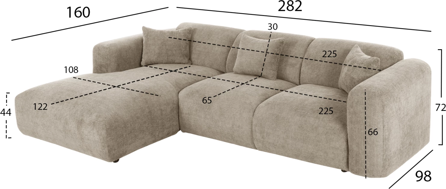 Divan qoshe BRICKEN FH3275.01L, pëlhurë bezhë, 110-282x98-160x72H cm