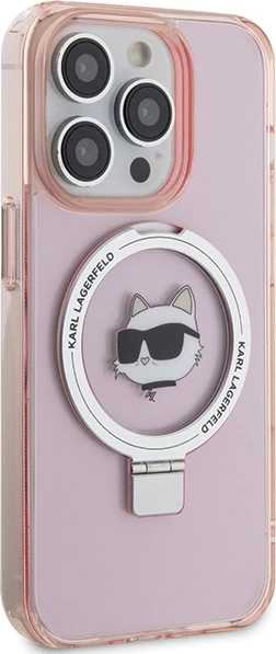 Mbështjellës Karl Lagerfeld KLHMP15LHMRSCHP për iPhone 15 Pro 6.1", me unazë Ring Stand, MagSafe, rozë