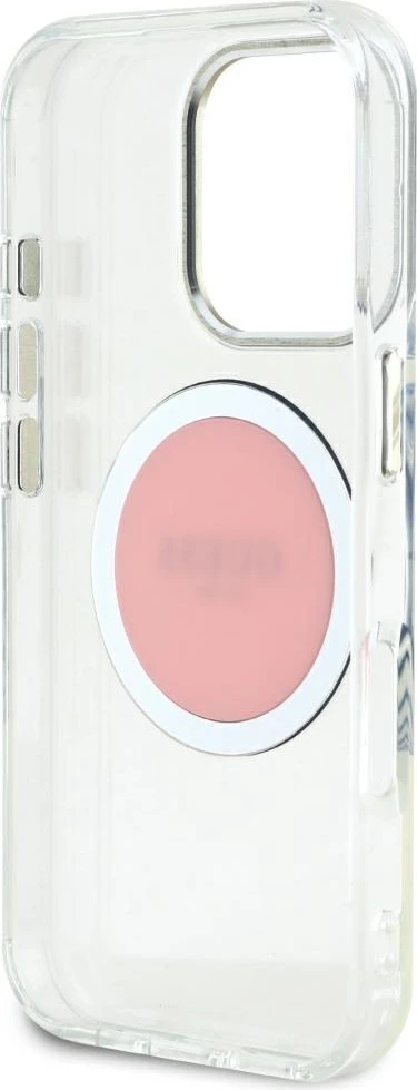 Mbështjellës Guess IML Metal Colored Circle Classic Logo MagSafe për iPhone 16 Pro Max, rozë