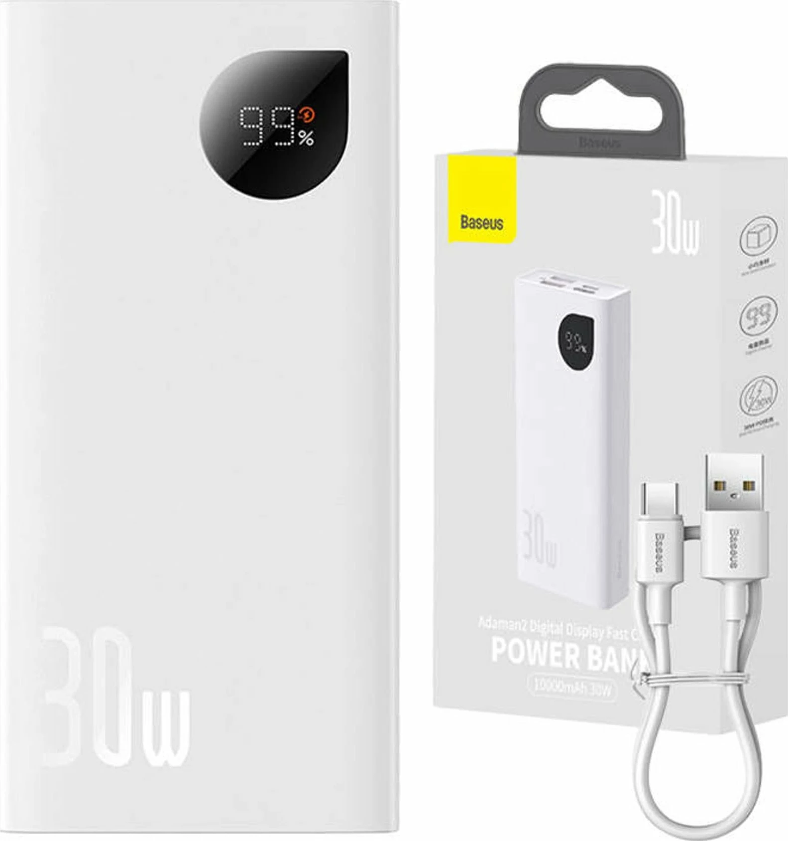 Powerbank Baseus Adaman2 10000mAh 30W PD me display, 3 porta, me kabllo USB-C 30cm, i bardhë