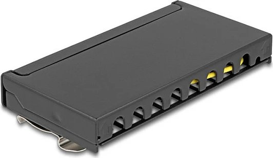 Patch panel rrjeti DeLOCK Mini Desktop, 8 porta RJ45 Cat6A i ekranizum, metal, montim DIN/mur/tavolinë, i zi