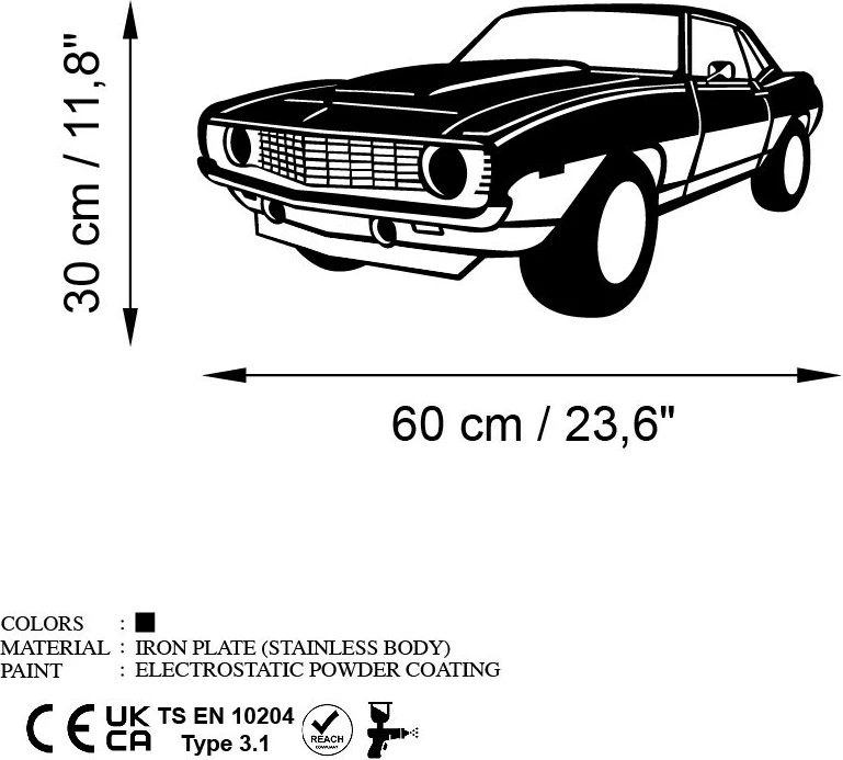 Aksesor dekorativ për mur, metalik, Chevy Camaro Yenko, ngjyrë e zezë, 60x30cm