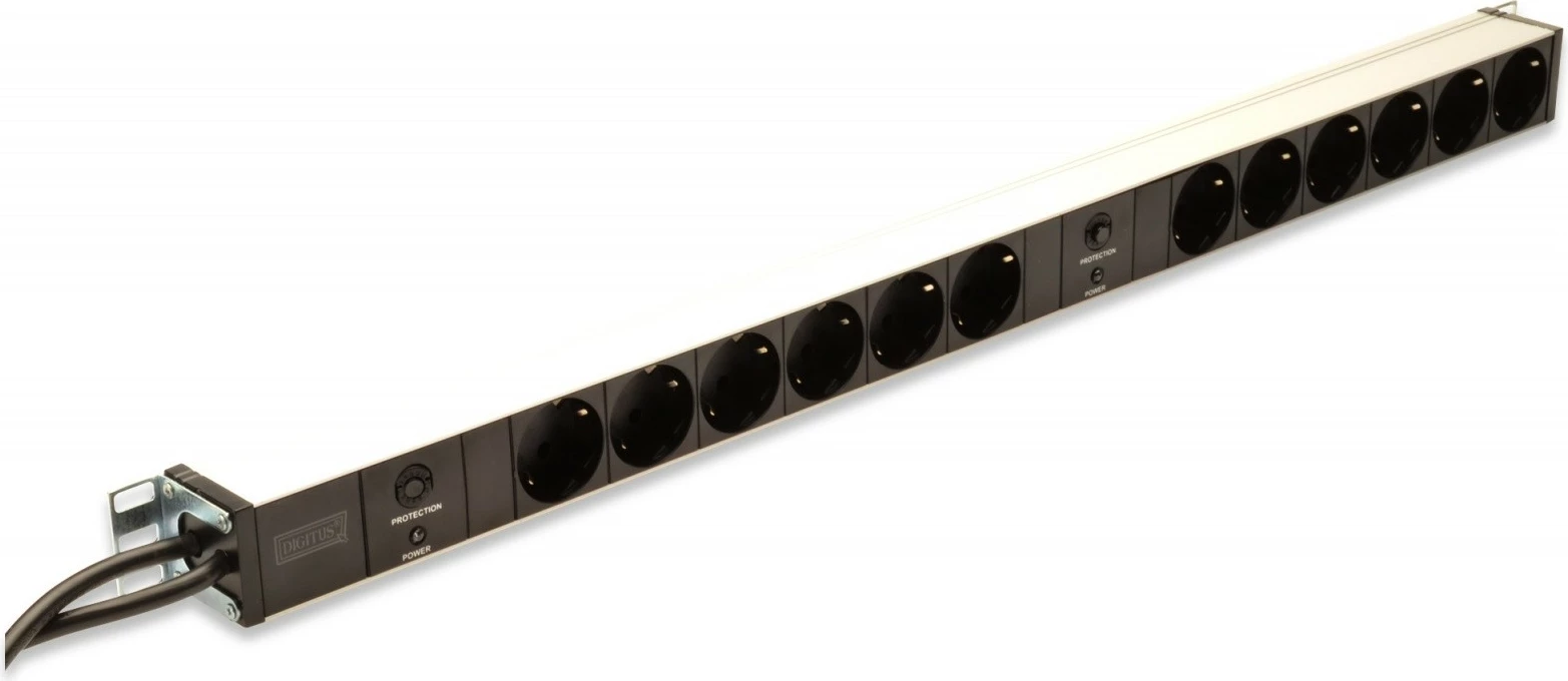 Prizë rack Digitus DN-95405, 12 Schuko, 2x2m kabllo, 1U, mbrojtje mbingarkese, zi/argjendtë