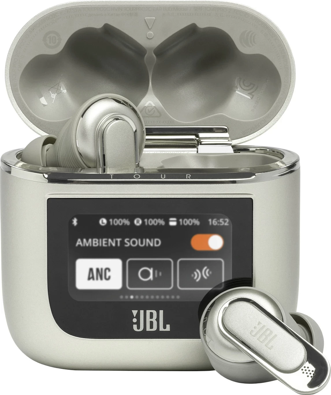 Kufje JBL Tour Pro 2 TWS, ANC adaptive, audio hapësinor, kasë karikimi Smart me ekran 1.45", Champagne