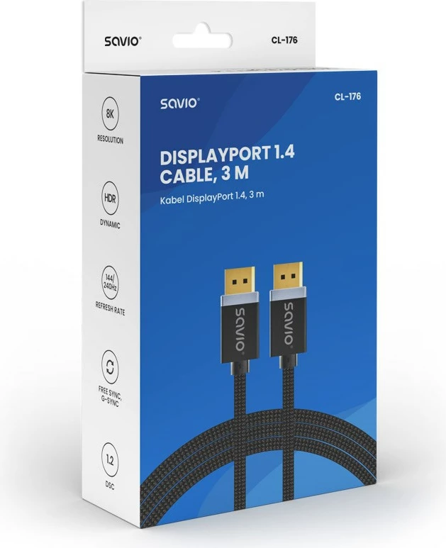Kabllo DisplayPort SAVIO, V1.4, 3 m, CL-176, e zezë