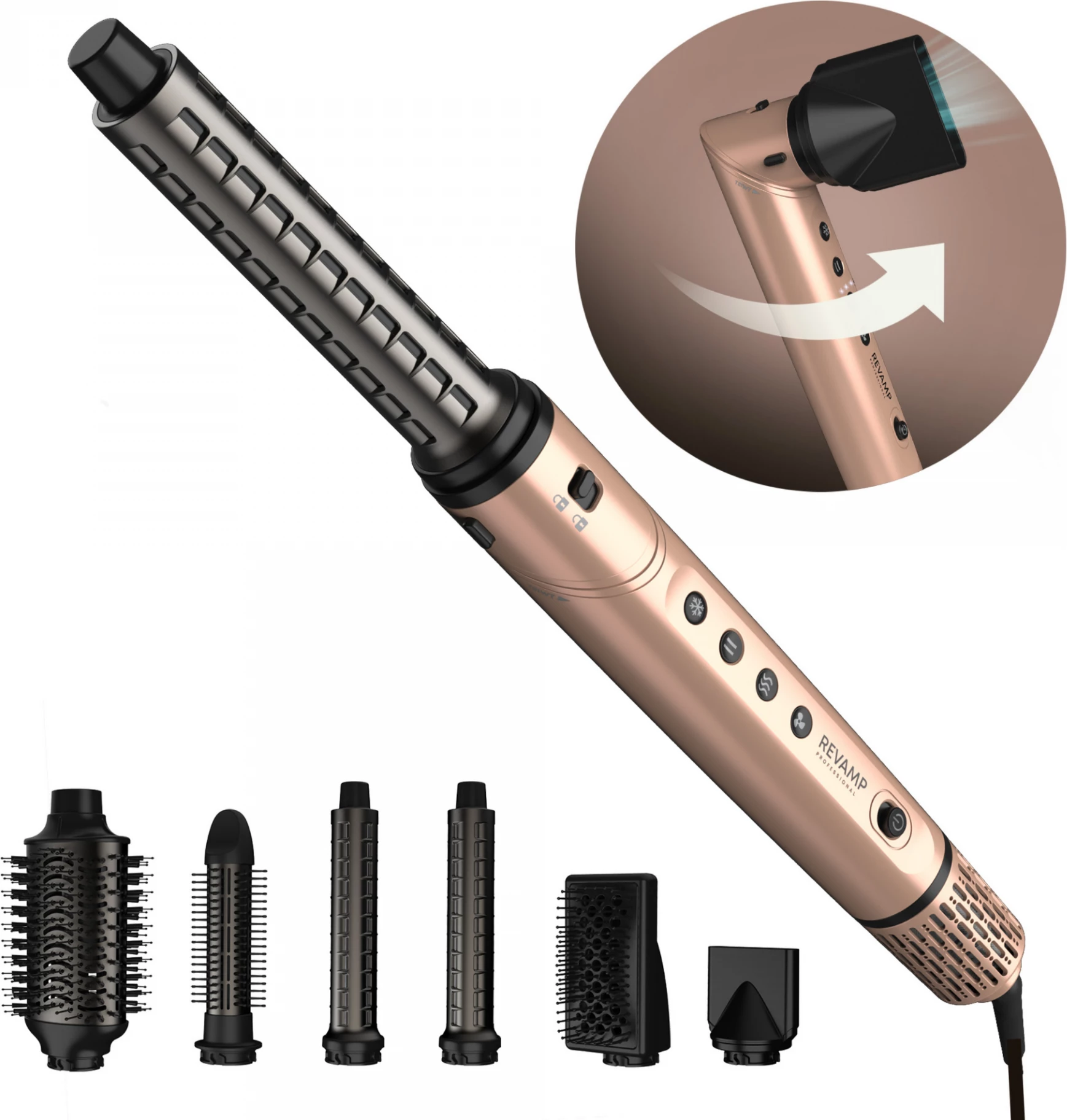 Tharëse flokësh me stilues Revamp Dynamic Radiance Pro DR-2850GD, 6 aksesorë, jonike, 110000 RPM, rozë e artë, set