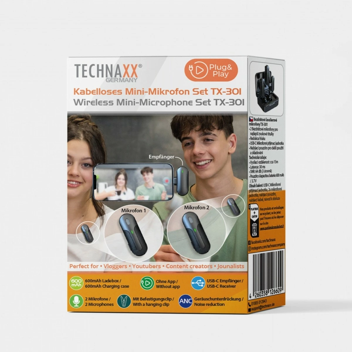 Set mikrofonash wireless Technaxx TX-301, 2 copë, USB-C, i zi