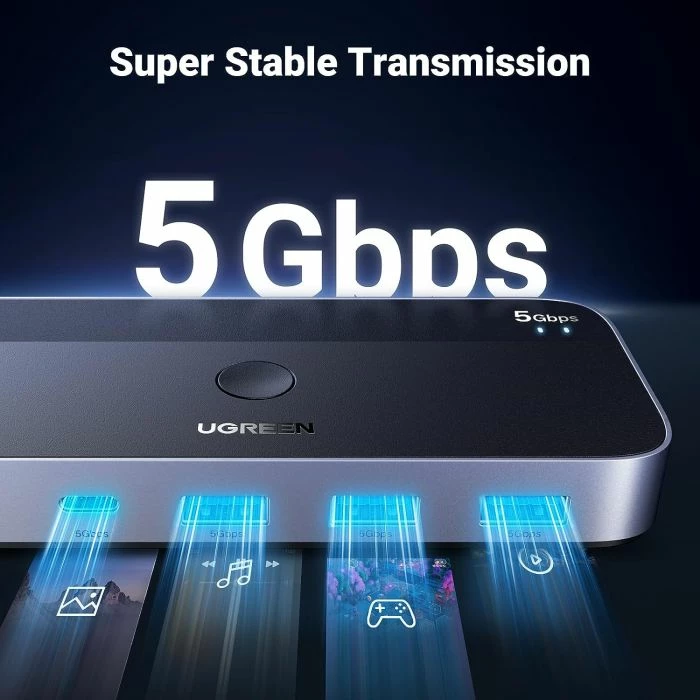 USB Switch 3.0 UGREEN 15705, 4 porte (1x USB-C + 3x USB-A), për 2 kompjuterë, me remote + 2 kabllo A-A