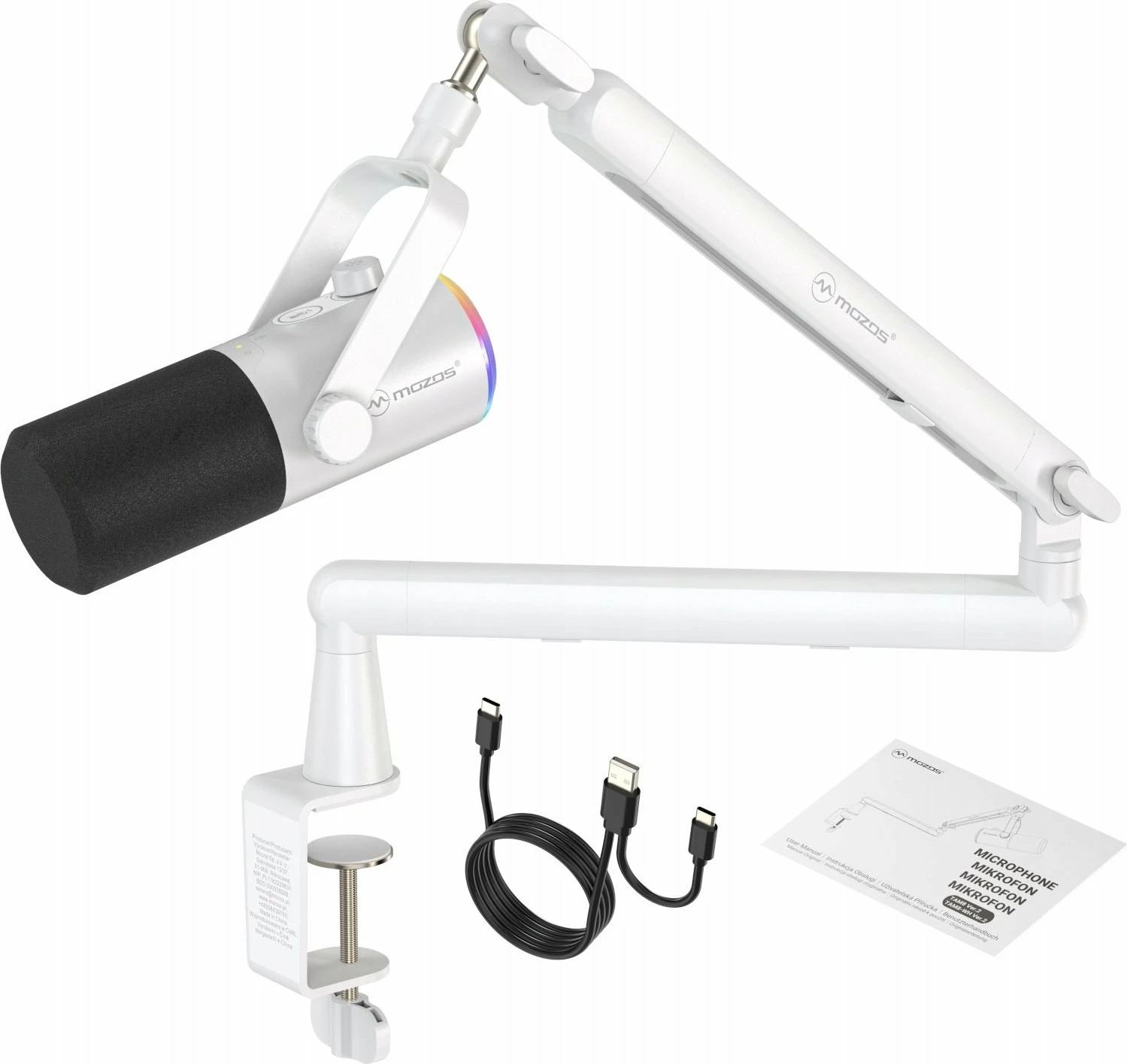 Mikrofon Mozos TAM8 v2 dinamik kardioid USB-C/XLR 192kHz/24-bit, i bardhë, set me krah (boom arm)