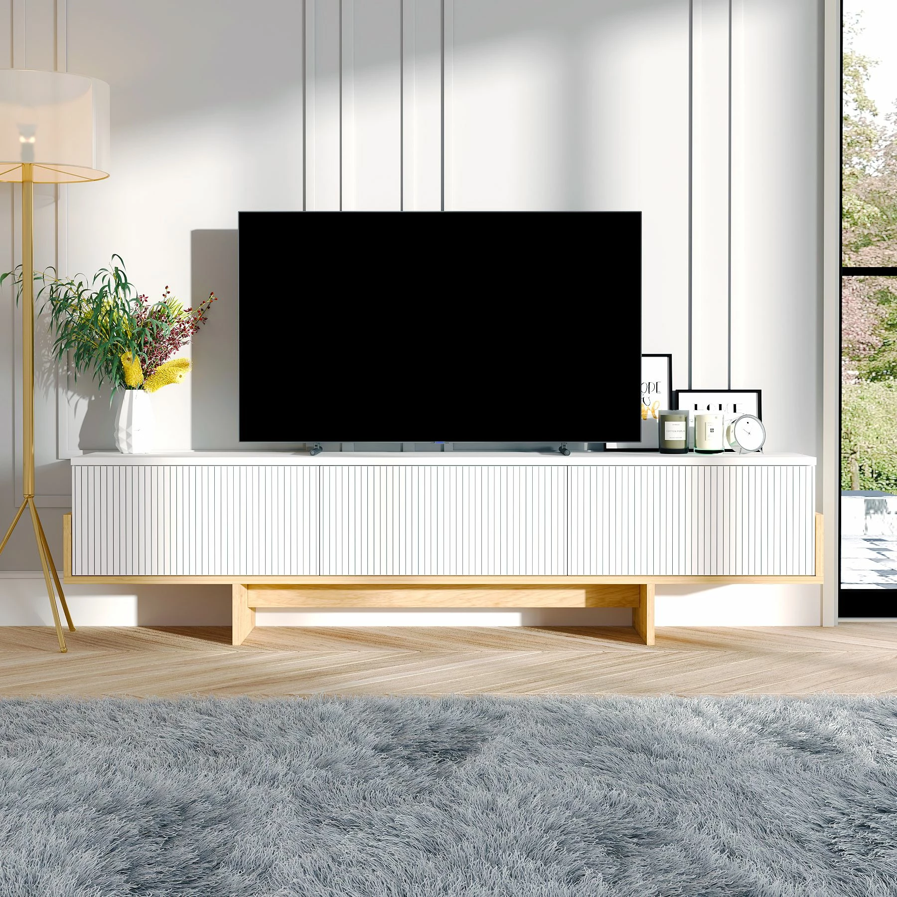Komodë TV Skye Decor, e bardhë, lisi Sapphire