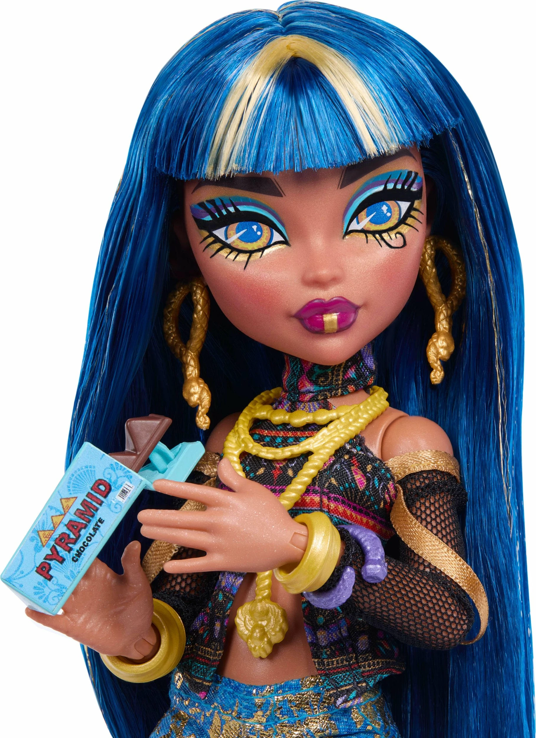 Kukull Mattel Monster High Cleo De Nile JHK32 28 cm, set me 7 aksesorë + gjarpër Hissette, shumëngjyrëshe