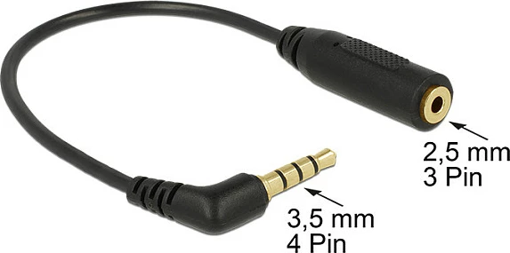 Adapter kabllo audio DeLOCK 0.175m 3.5mm në 2.5mm, këndor, i zi