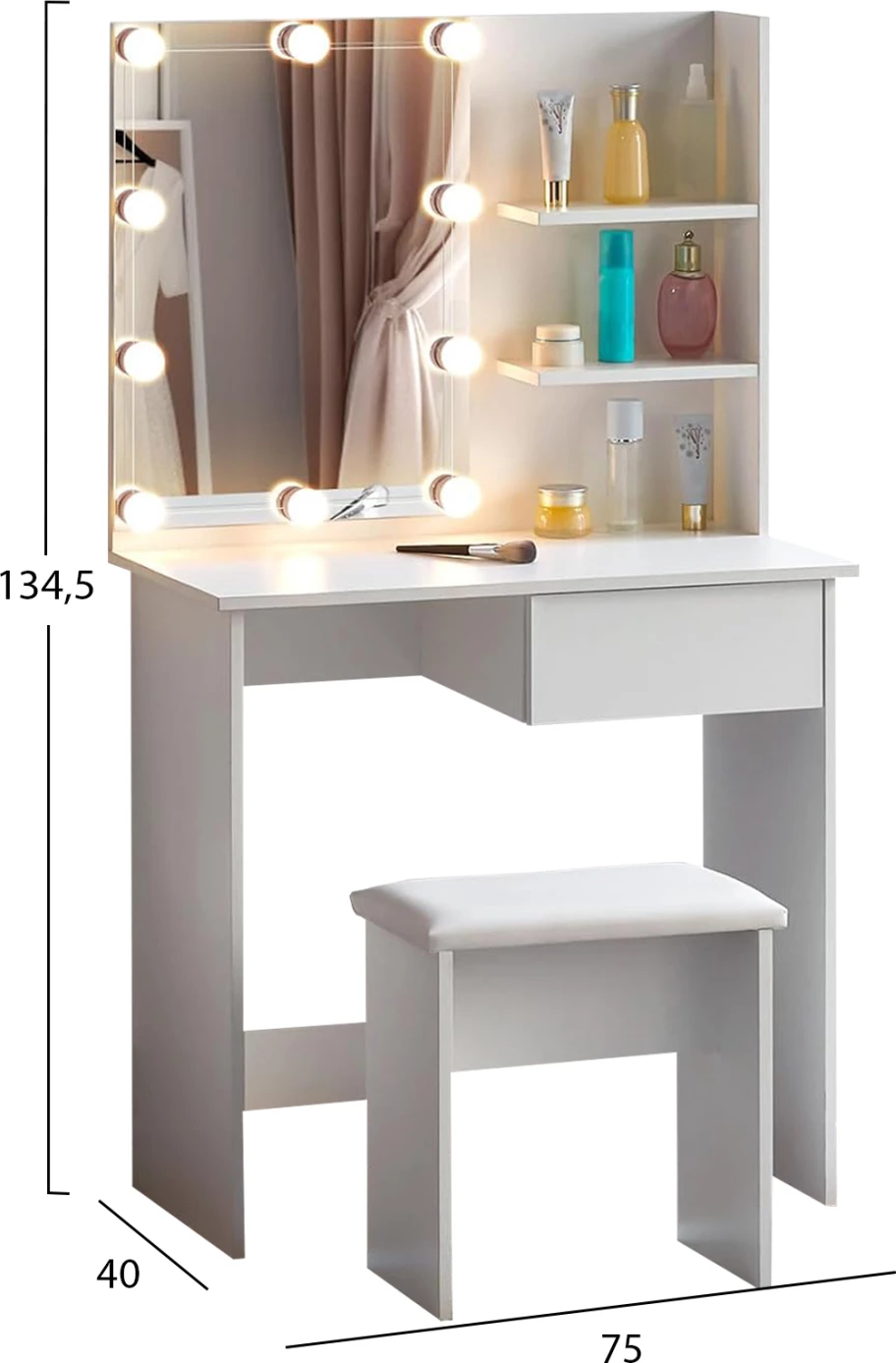 Tavolinë grimi me LED dhe rafte, LAURYN FH2501.03, melaminë, e bardhë, 75x40x134.5H cm