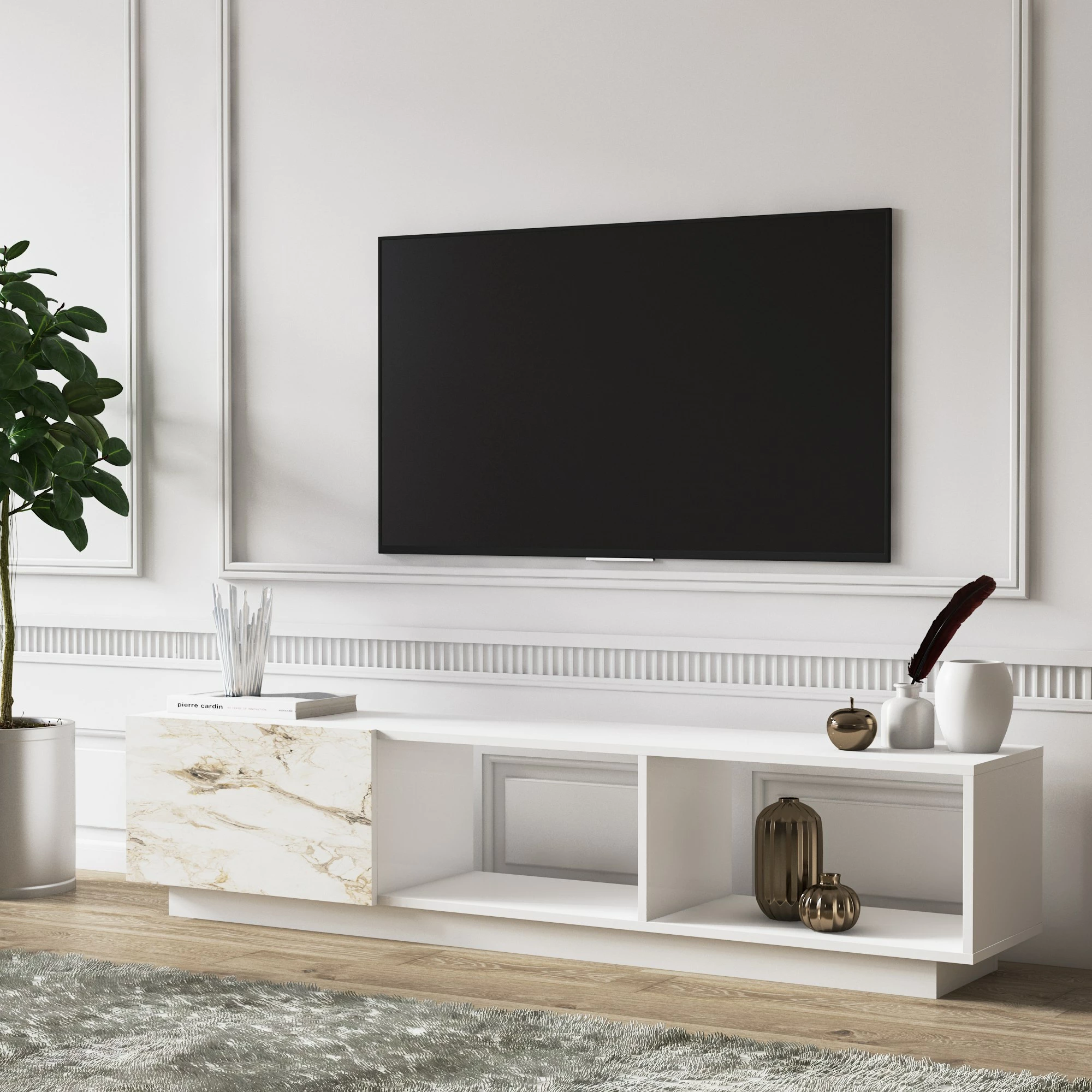 Komodë për TV, Skye Decor, ngjyrë e bardhë, detaje mermeri, Lepando