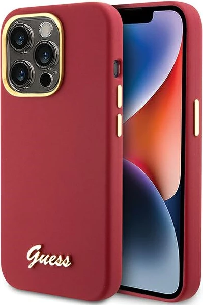 Mbështjellës Guess për iPhone 15 Pro, Silicone Script Metal Logo & Frame, Kuq