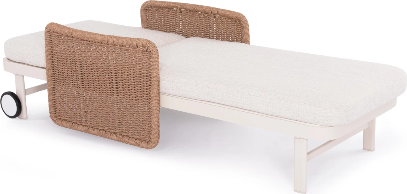 Shezlong alumini, ngjyrë fildishi, ratan natyral, jastëk bezhë, 205.5x86x58-104H
