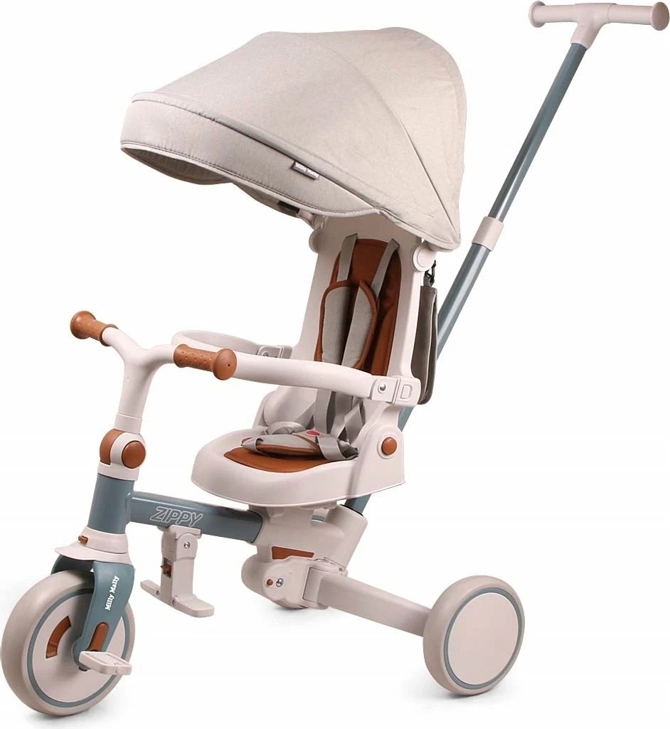 Tricikël fëmijësh Milly Mally Zippy, 12+ muaj, 25 kg max, ulëse rrotulluese 180°, rrota shkumë, kornizë çeliku, me tendë dhe shtytës prindi, Blu