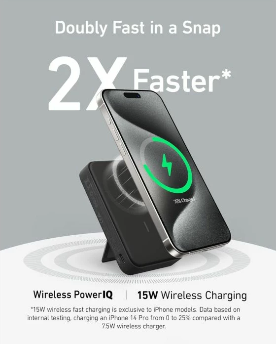 Power bank ANKER MagGo 633 (A1654G11) 10000mAh, Qi2 15W wireless, USB-C, me ekran, me mbajtëse, e zezë, set me kabllo USB-C në USB-C 0.6m