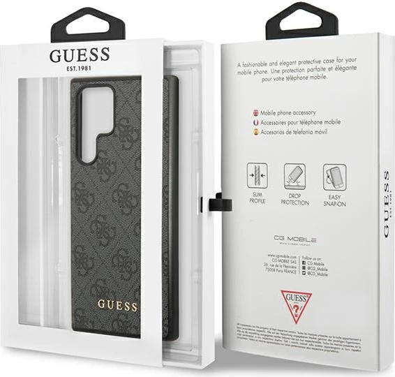 Mbështjellës Guess 4G Metal Gold Logo për Samsung Galaxy S23 Ultra, lëkurë sintetike, Gri