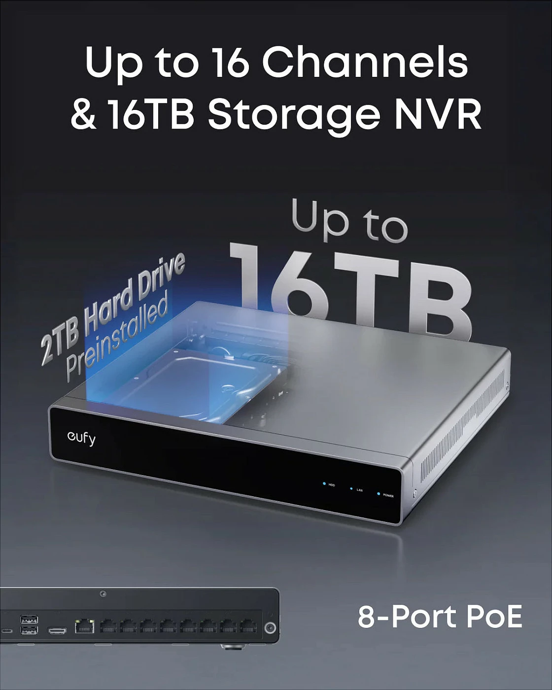 Sistem sigurie NVR EUFY S4 Max, 8 kanale, 4K, HDD 2TB (deri 16TB), PoE, zi/gri/bardhë