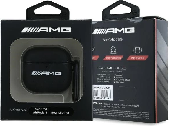 Mbështjellës AMG për AirPods 4, lëkurë, logo e bardhë, i zi