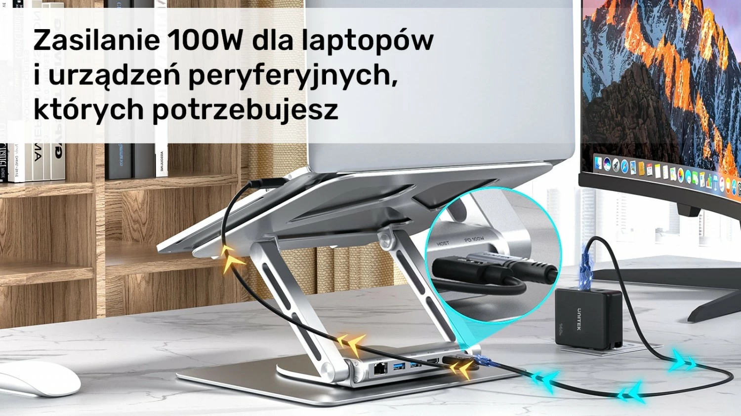 Podstavek për laptop Unitek USB-C HDMI 4K PD 100W, ngjyrë argjendi