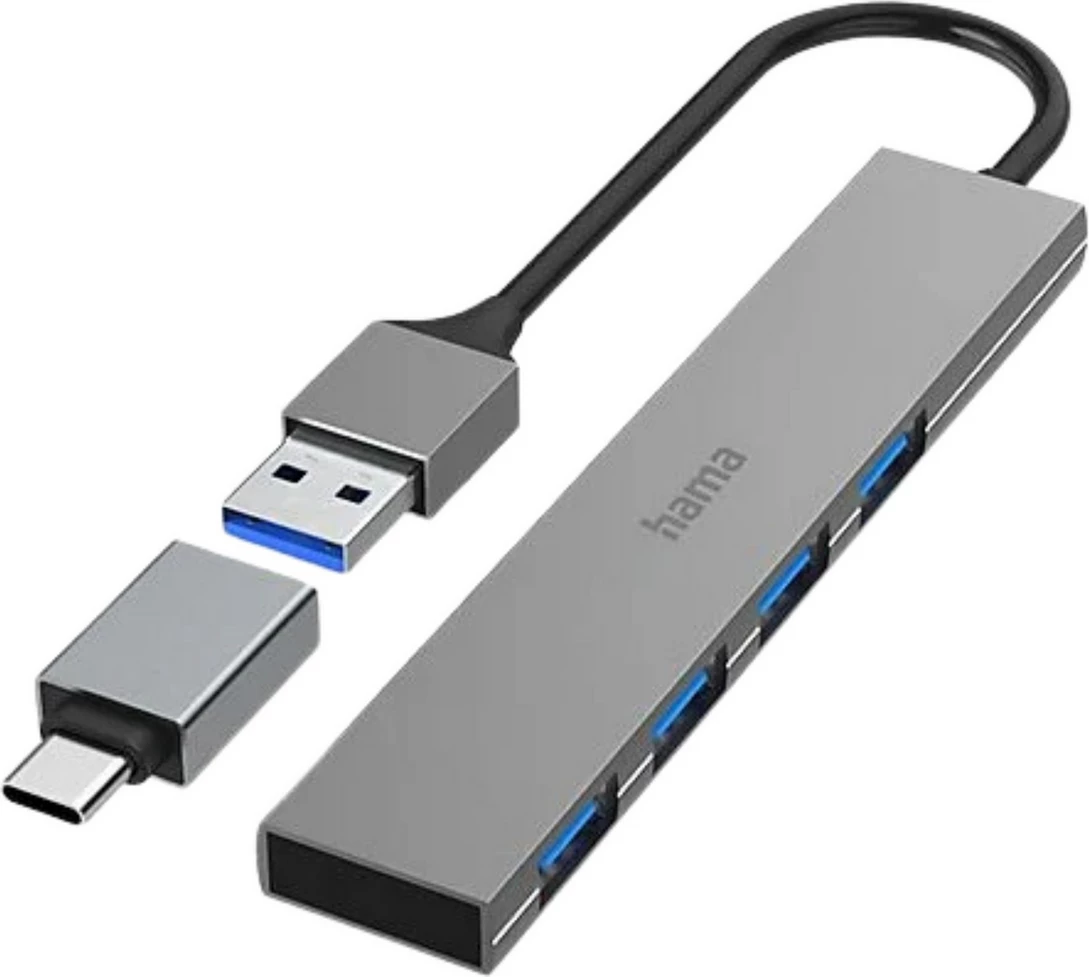 USB Hub Hama Prime Line 00200141, 4 porta USB-A, adaptor USB-C, silver