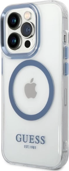 Mbështjellës Guess Metal Outline Magsafe për iPhone 14 Pro Max 6.7", kaltër/transparente