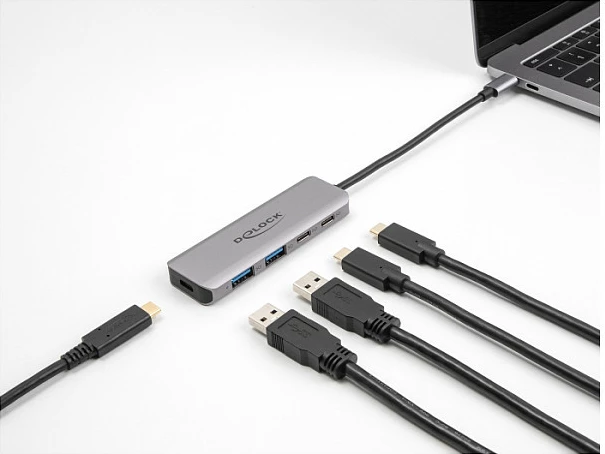 USB hub DeLOCK 5Gbps, USB-C host, 2x USB-A + 2x USB-C, metal, 0.15m, gri