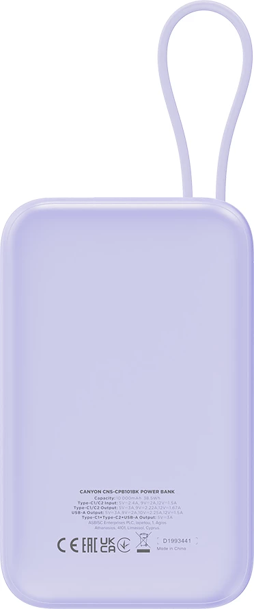 Power bank CANYON OnPower 101 10000 mAh PD 22.5W me kabllo Type-C të integruar, vjollcë