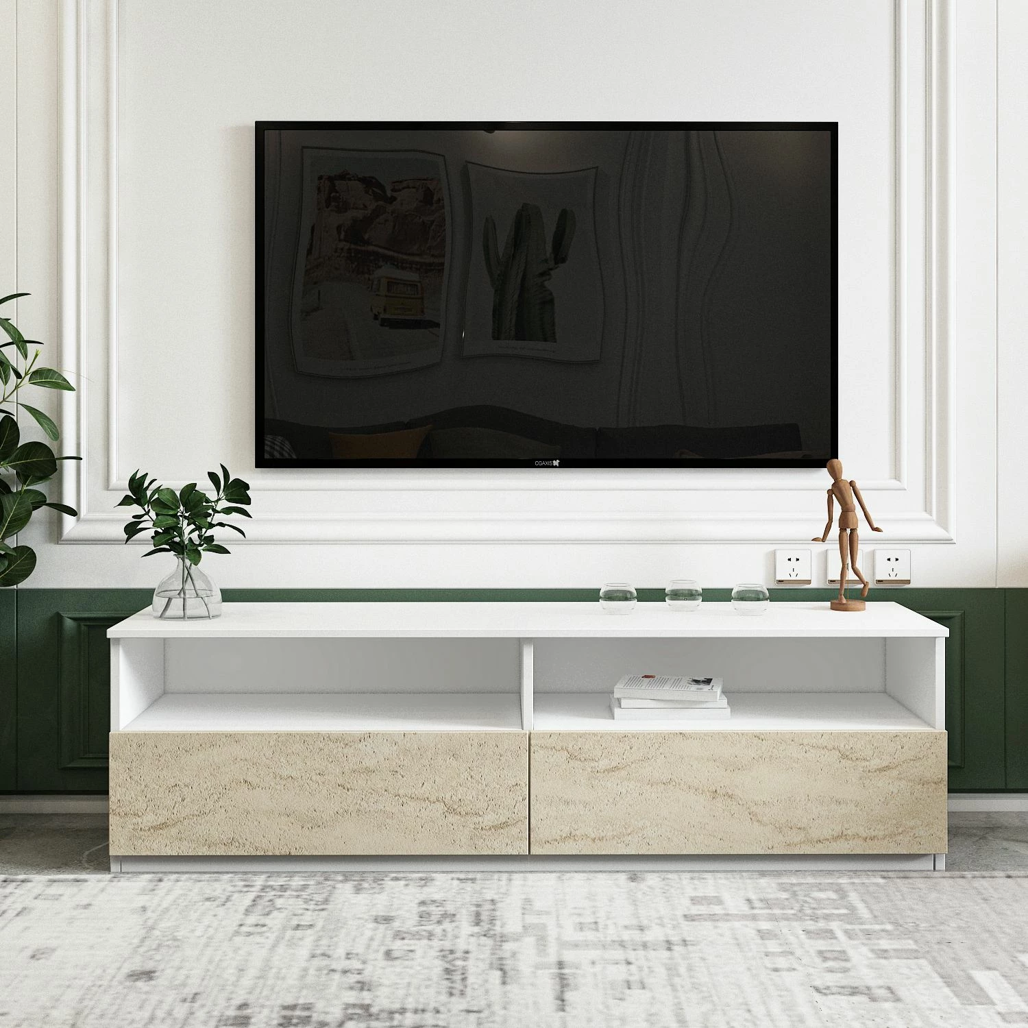 Konsolë TV, ngjyrë e bardhë dhe travertin, Skye Decor