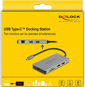Docking station USB-C DeLOCK 4K Dual HDMI MST, USB 3.2, SD/microSD, LAN, PD 85W, Gri
