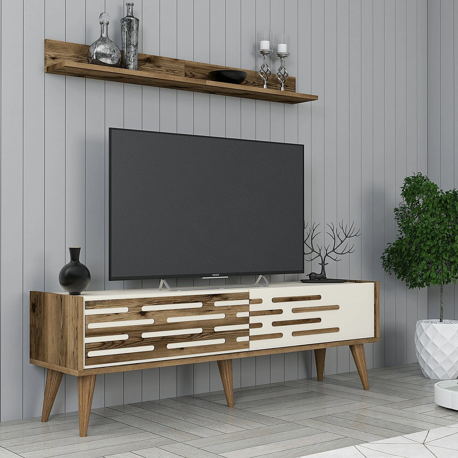 Komodë TV Valensiya 140, ngjyrë arrë dhe krem, Skye Decor