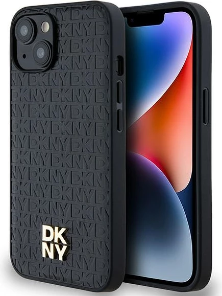 Mbështjellës DKNY Leather Monogram Pattern Metal Logo MagSafe për iPhone 15/14/13, e zezë