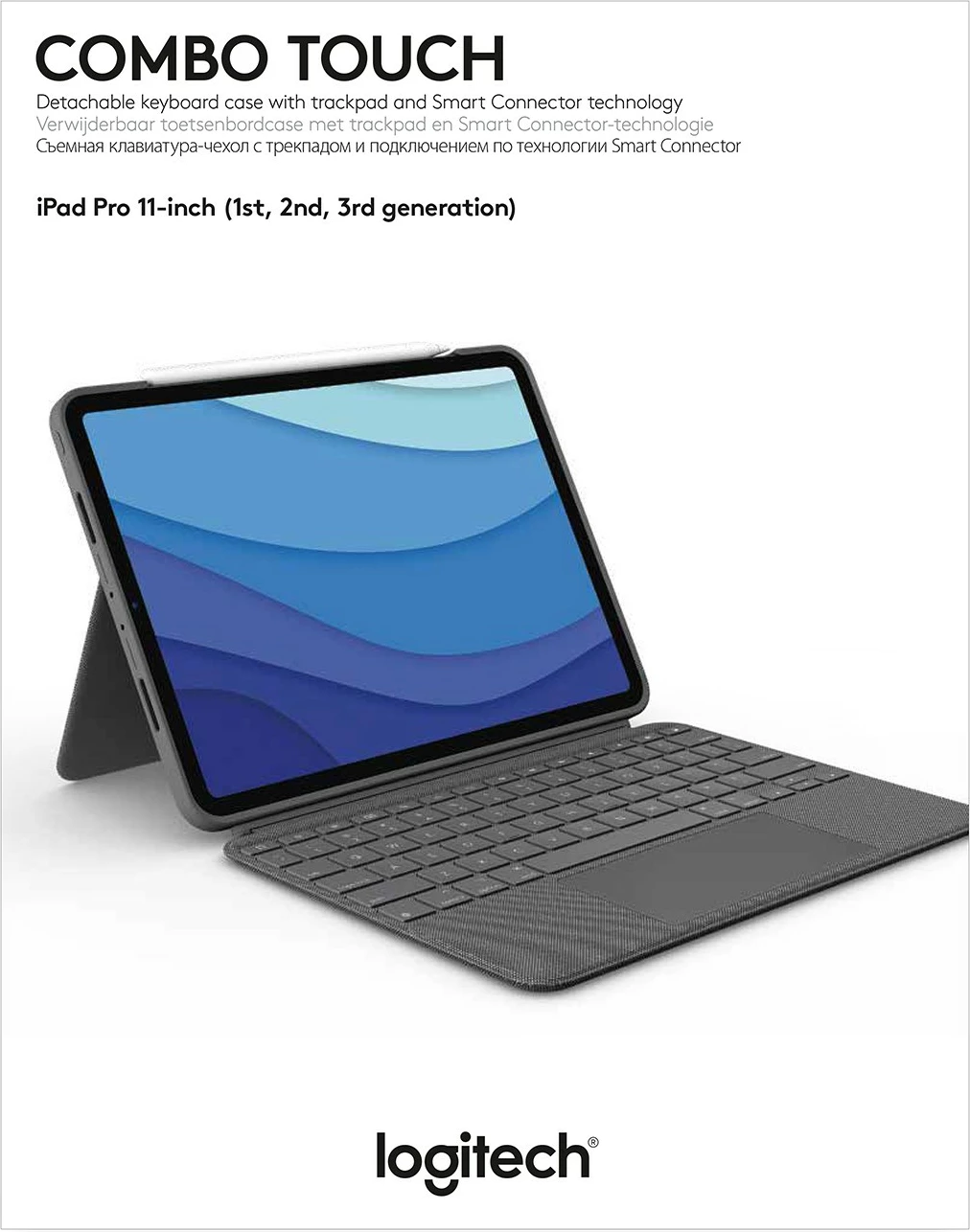 Mbështjellës tastierë Logitech Combo Touch, AZERTY, Trackpad, iPad, Gri