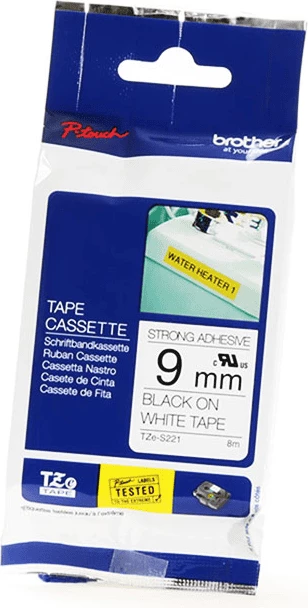 Shirit etiketimi Brother TZe-S221 9mm x 8m ngjitës i fortë, zi mbi të bardhë
