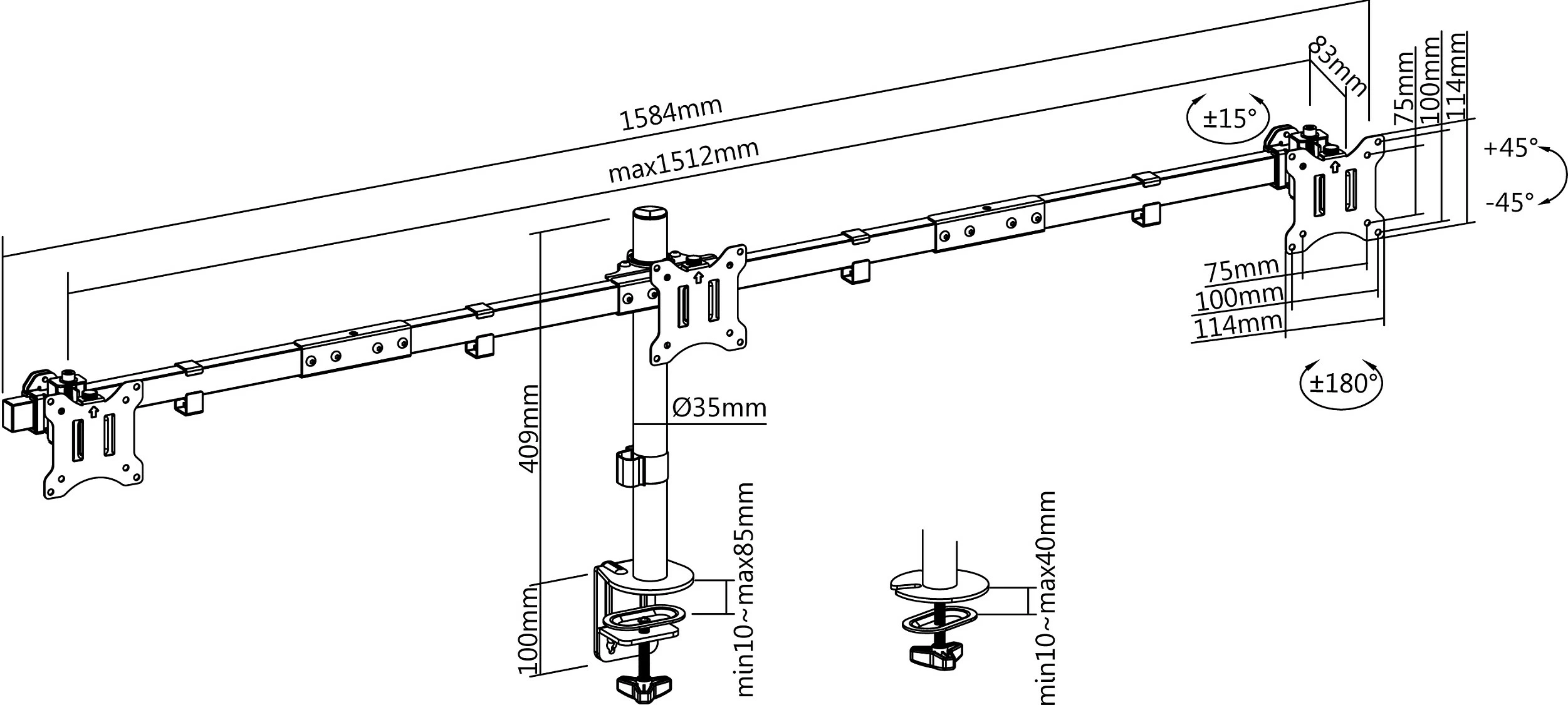 Mbajtëse tavoline për 3 monitorë EQUIP 3TFT 17"-32", VESA 75x75/100x100, 360°, 7kg/monitor, e zezë