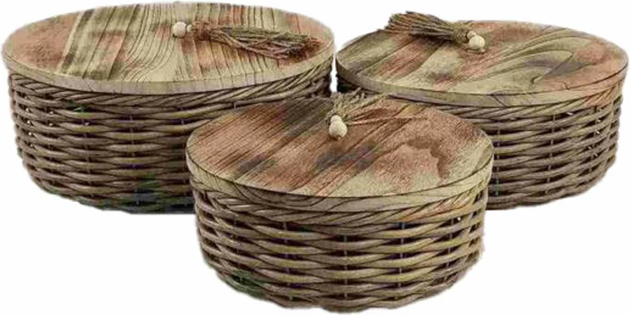 Kuti magazinimi prej druri e ratanit, set prej 3 copë, ngjyrë kafe, 41x41x17cm