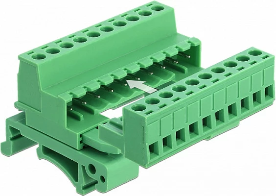 Bllok terminal DeLOCK 10-pin për shinë DIN, raster 5.08 mm, i këndshëm, 320 V, i gjelbër