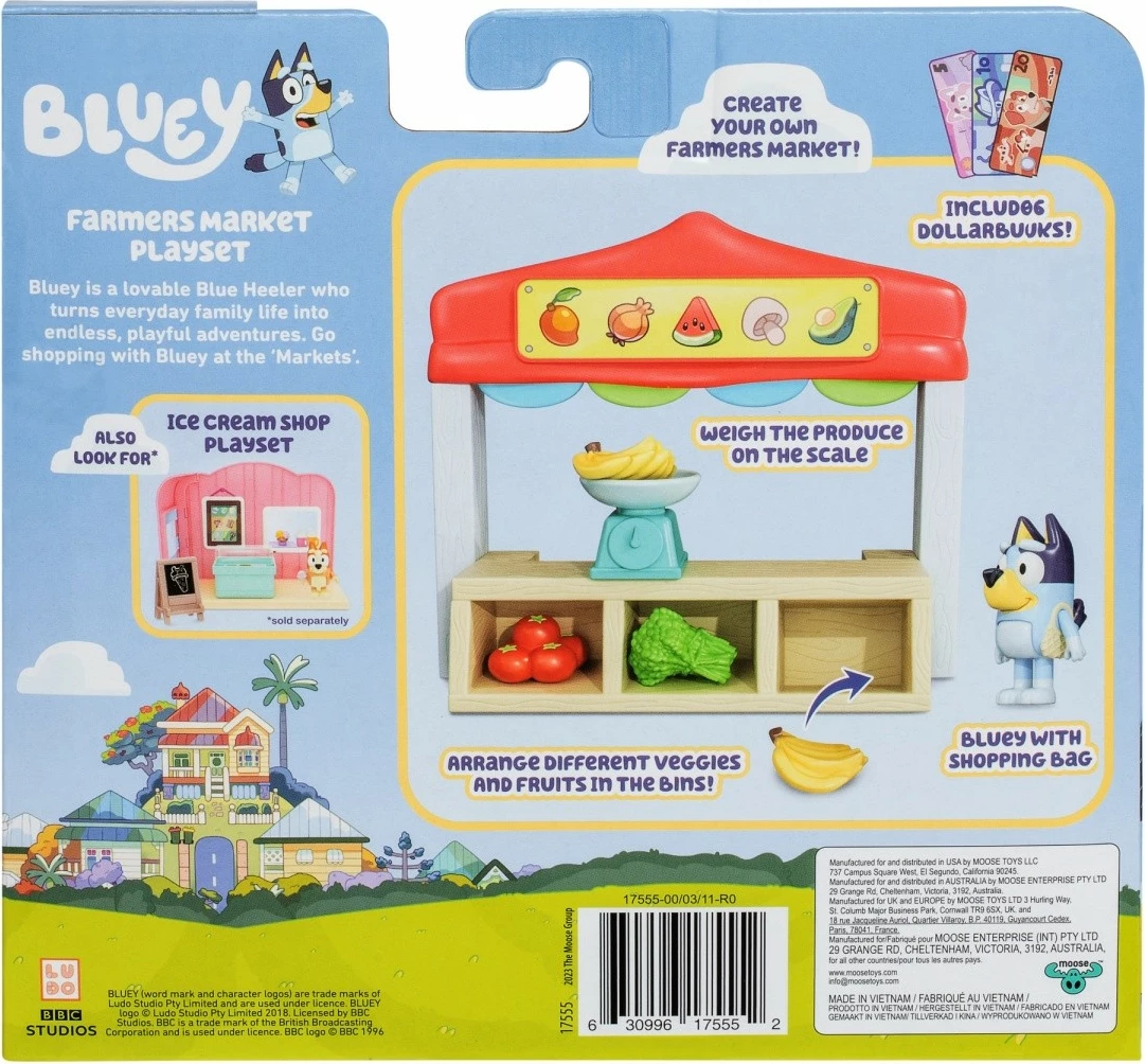 Set figurina Bluey Mini, Tm Toys BLU17555, me stendë tregu dhe aksesorë, shumëngjyrësh