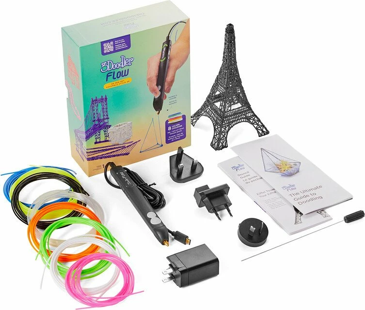 3D pen 3Doodler Flow Essentials Set (FLOW) për filament 1.75 mm, e zezë, set me spula 8 ngjyra