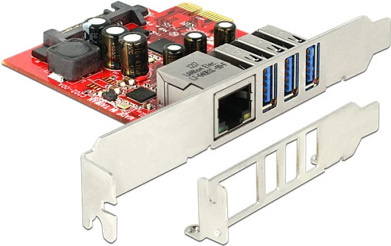 Kartë zgjerimi PCIe DeLOCK 89382, 3x USB 3.2 Gen 1 + 1x Gigabit LAN, Gri/Kuqe