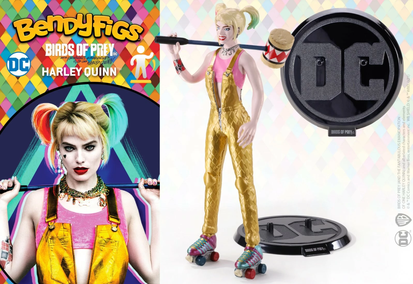 Figurinë koleksionuese fleksibile Noble Collection Bendyfigs DC Birds of Prey Harley Quinn 18 cm, me çekiç dhe bazë