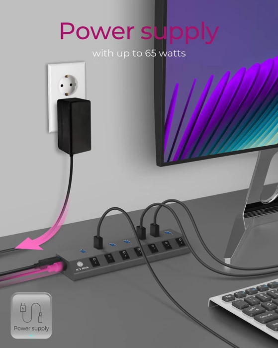 USB hub ICYBOX IB-HUB1701-C3 7-port USB-A me USB-C/USB-A, switch per port, BC 1.2, 65 W, antracit