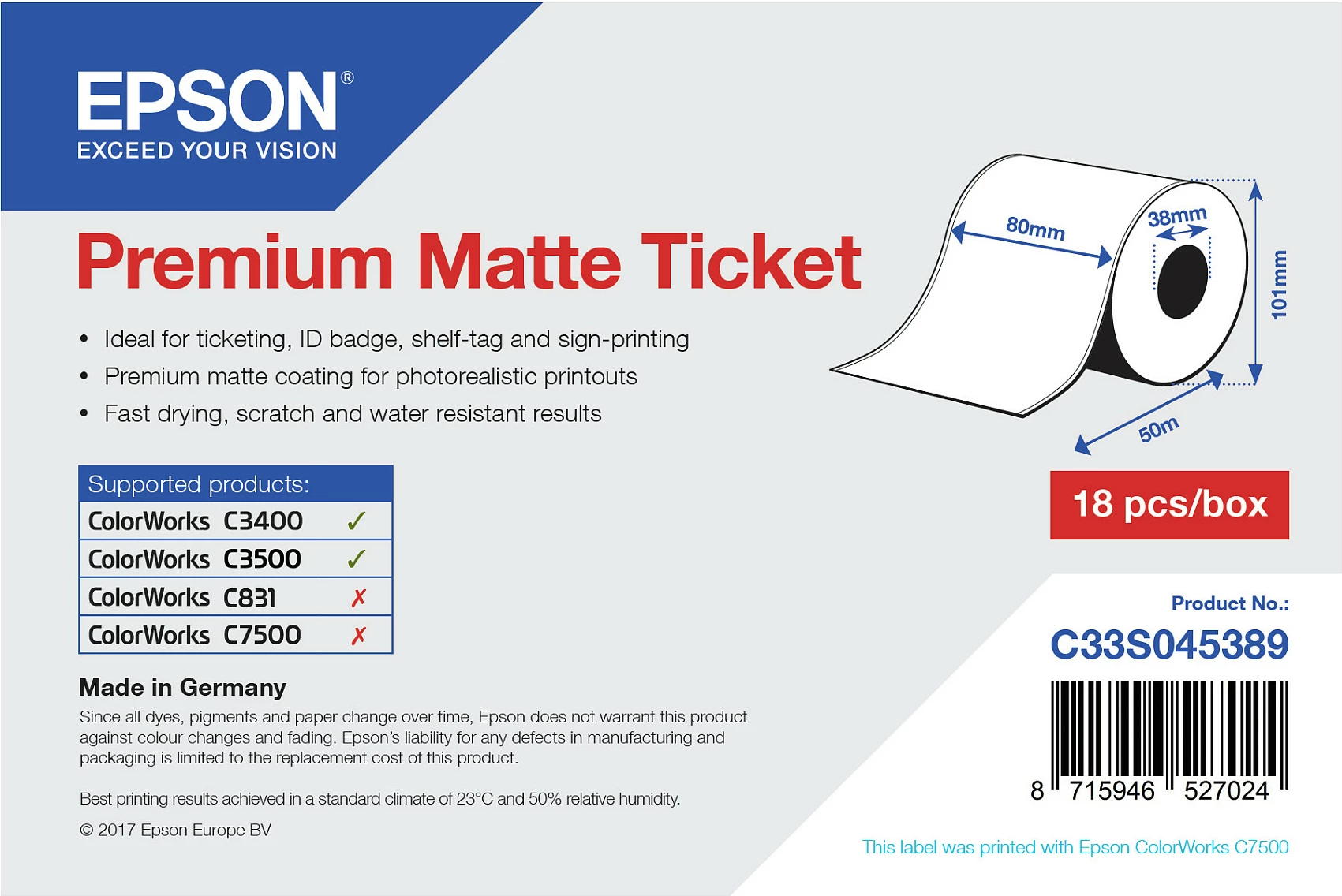 Rollë letre ticketi Epson Premium Matte Ticket 80mm x 50m, 107 g/m²