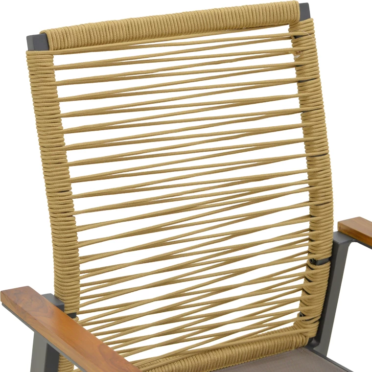 Karrige me krahë Aegean, alumini anthracite, litar natyral, doreza teak, 57x64x87cm