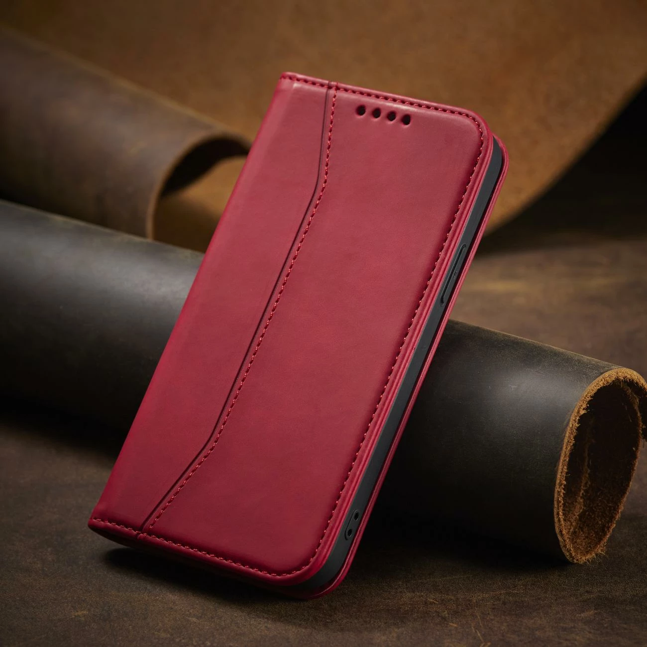 Mbështjellës Hurtel Magnet Fancy Case për iPhone 14 Pro Max, me portofol dhe mbajtëse, Kuq