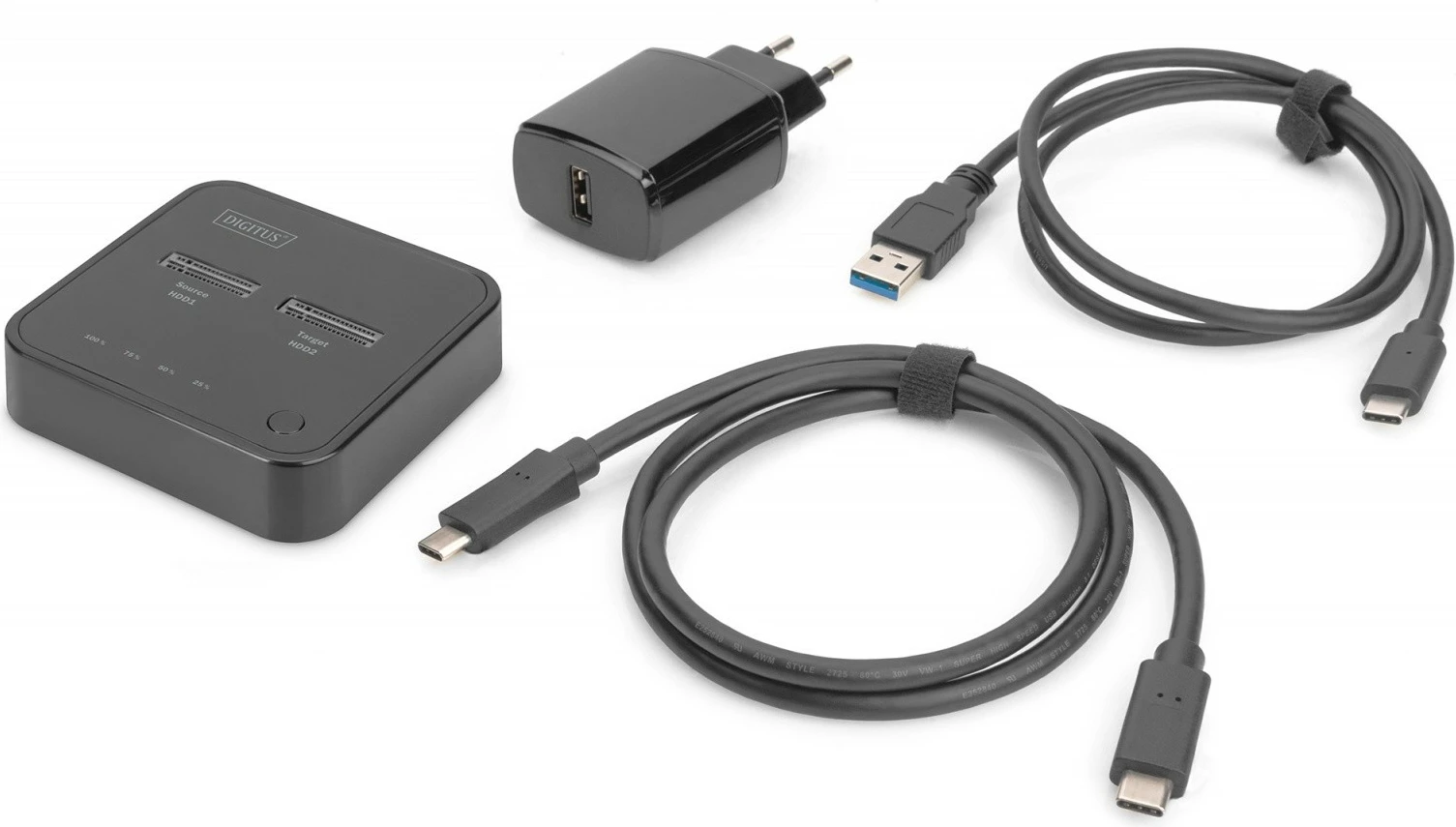 Stacion dokimi i dyfishtë Digitus DA-71545 për SSD M.2 NVMe, funksion klonimi offline, USB-C, zi