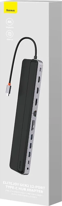 Kasë Baseus EliteJoy Gen2 12në1, USB-C, 2xHDMI, 3xUSB 3.0, PD, DP, SD/TF, RJ45, Type-C, 3.5mm, Gri e errët