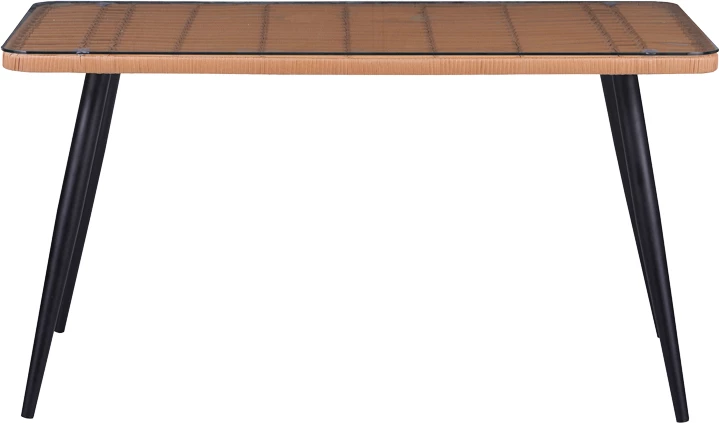 Tavolinë prej xhami PE rattan, ngjyrë druri natyrale, këmbë të zeza, 140x80x78cm